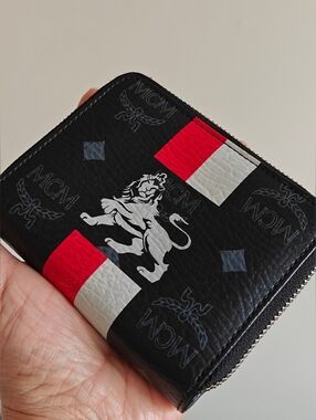 Authentic MCM Lion Black Leather Zip Compact Wallet
